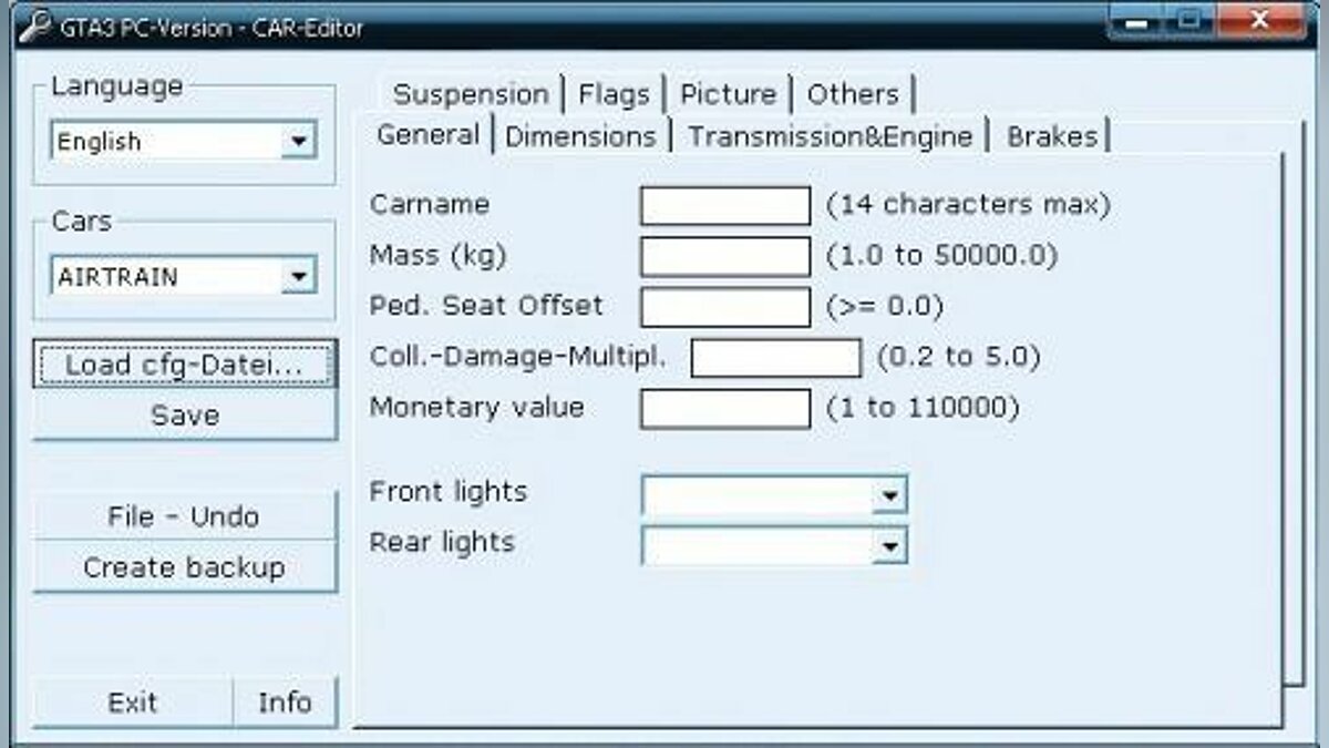 Кар эдитор. GTA 3 Editor. Car parameters. Car parameters info.