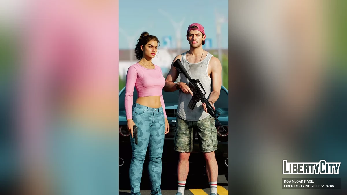 Wallpaper with Jason and Lucia in the background of a Dodge Challenger / GTA 6