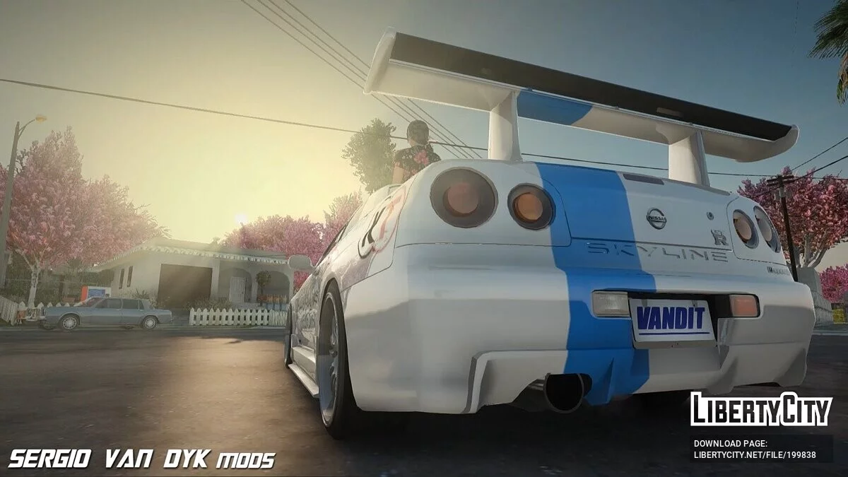 Nissan Skyline GTR R34 + Kokoro dari Dead Or Alive dengan gaun / GTA San Andreas