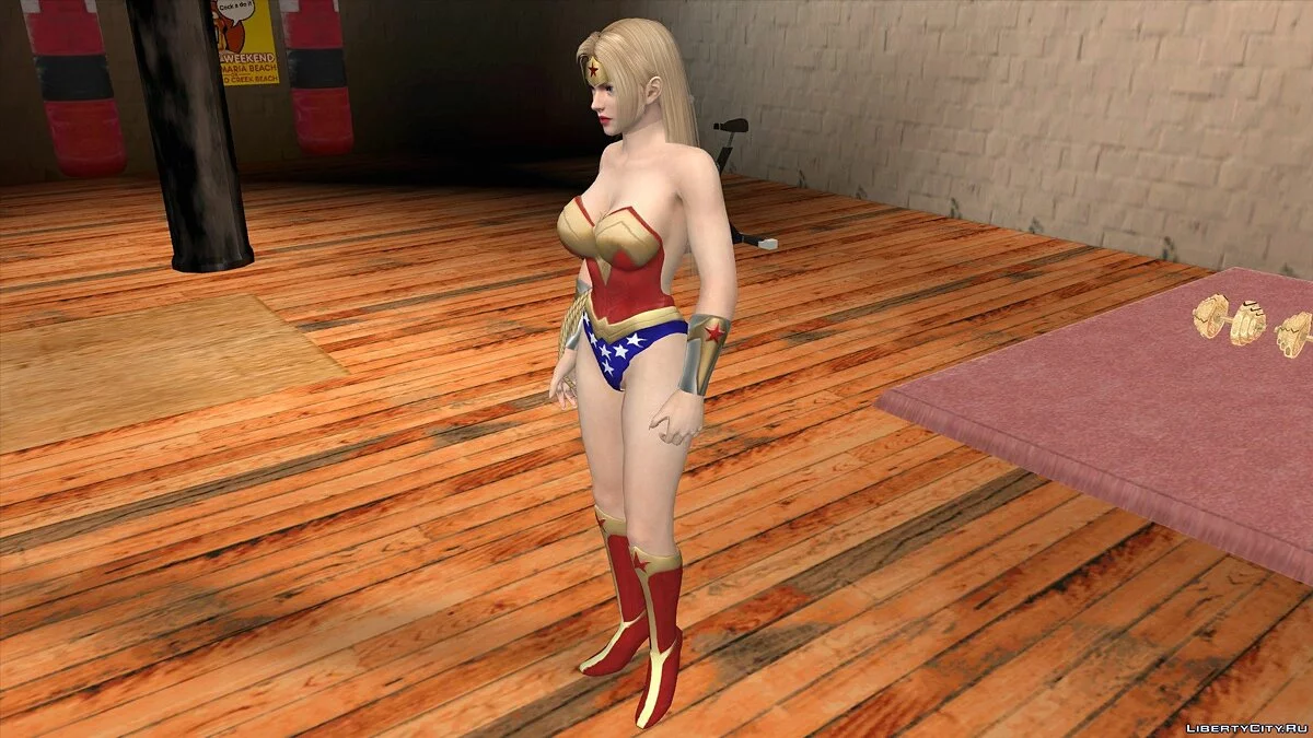 Rachel em traje de Mulher-Maravilha / GTA San Andreas (iOS, Android)
