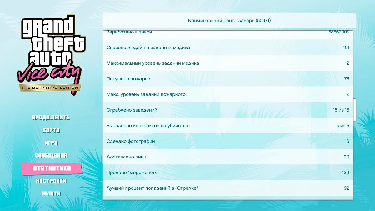 Sauvegarde avant la mission « Keep Your Friends » - terminée : 99 % / GTA Vice City : L'Édition définitive