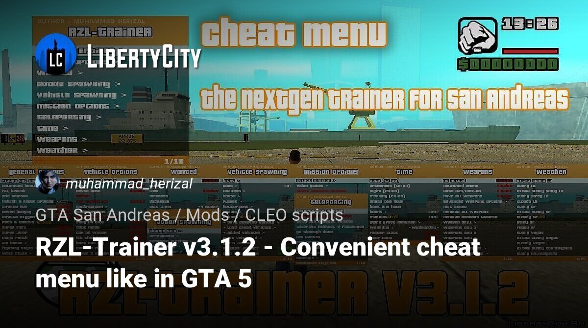 RZL-Trainer v3.1.2 - menu de trapaça como GTA 5 para GTA San Andreas