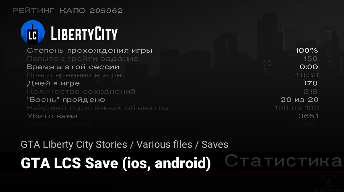 Saves for GTA Liberty City Stories: 20 saves for GTA Liberty City